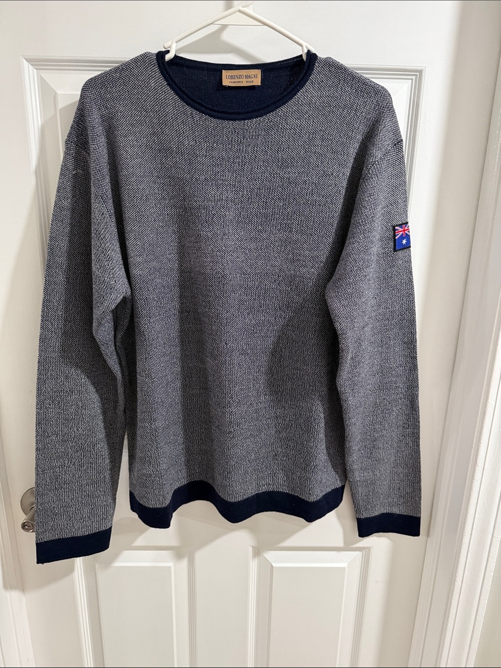 lorenzo Gray Crewneck Sweater with Navy Trim